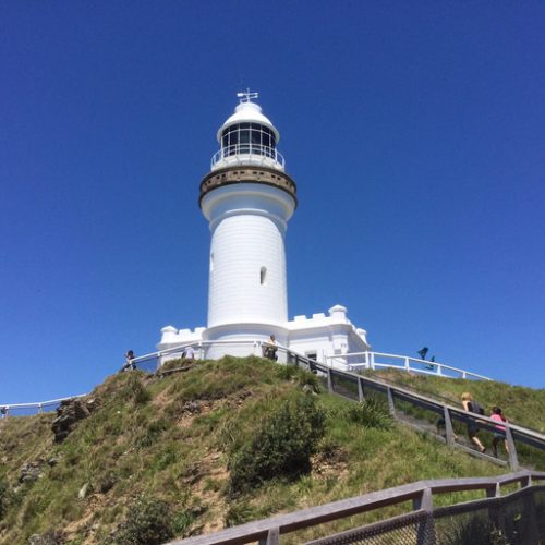 Low Angle View Of Cape Byron Lighthouse Against Clear Blue Sky Low Angle View Of Cape Byron Lighthouse Against Clear Blue Sky